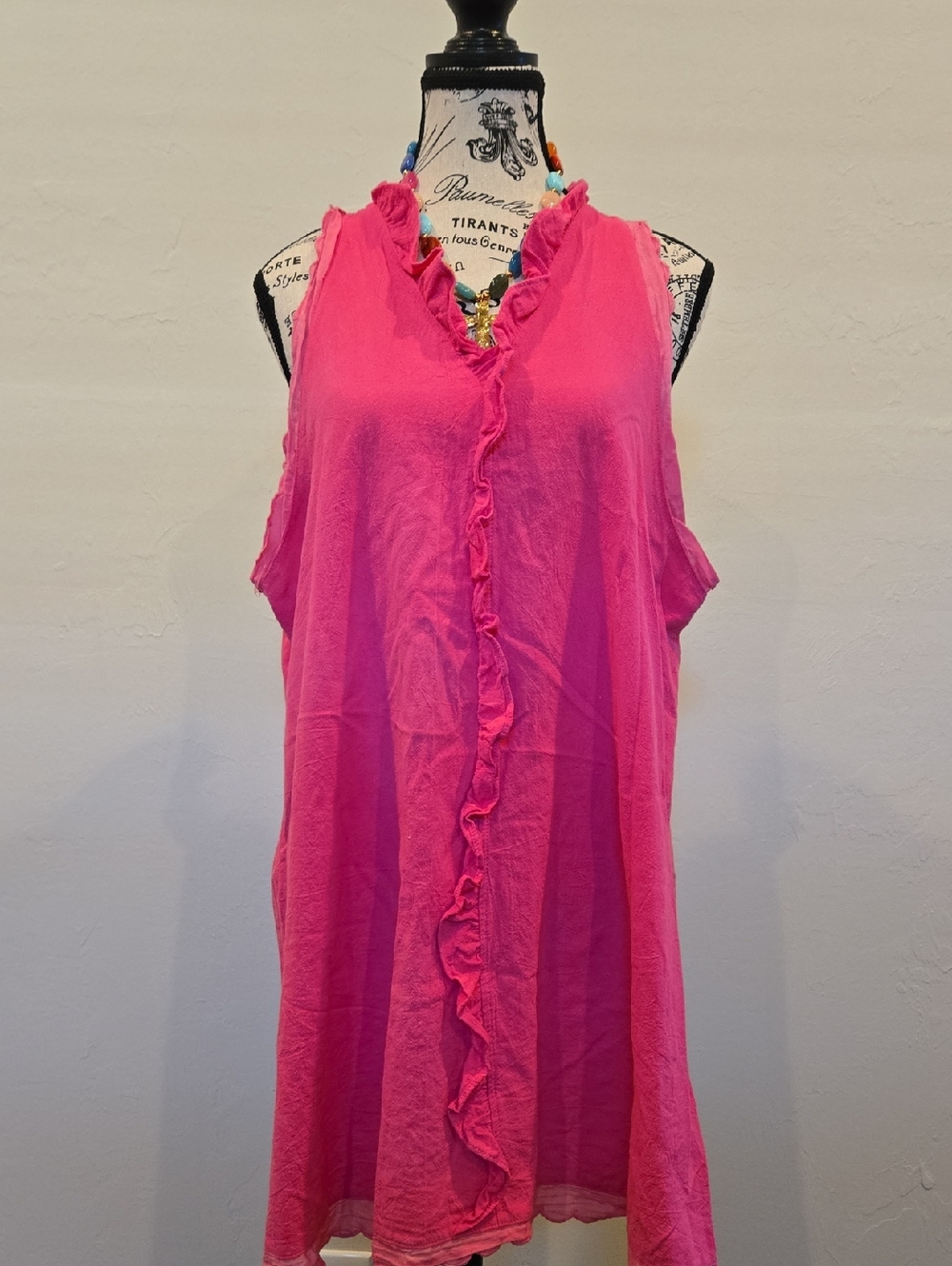 Hot PinkRuffle Trim Sleeveless Sundress 100% Cotton  2X Best Fit 1X 2X
